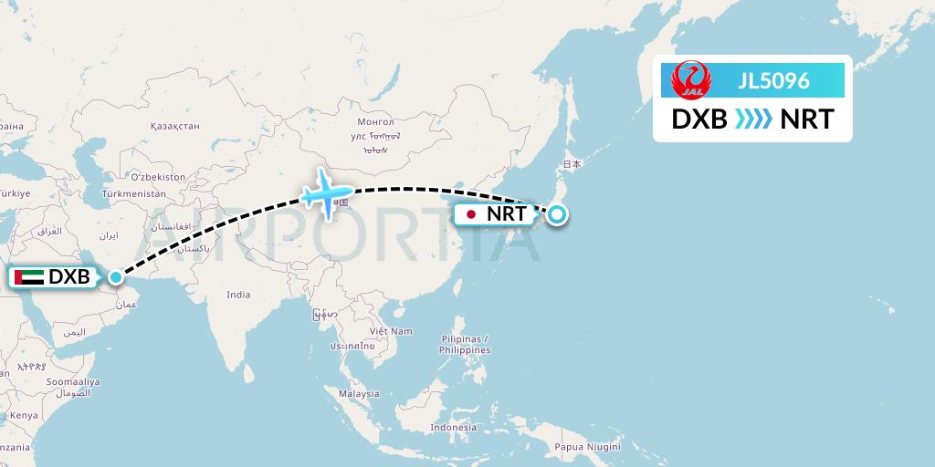 JL5096 Japan Airlines Flight Map: Dubai to Tokyo