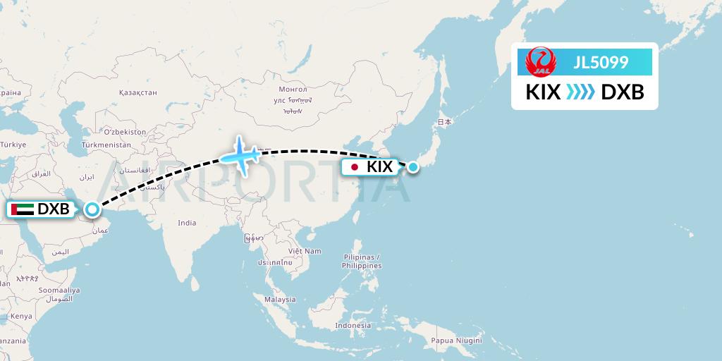 JL5099 Japan Airlines Flight Map: Osaka to Dubai