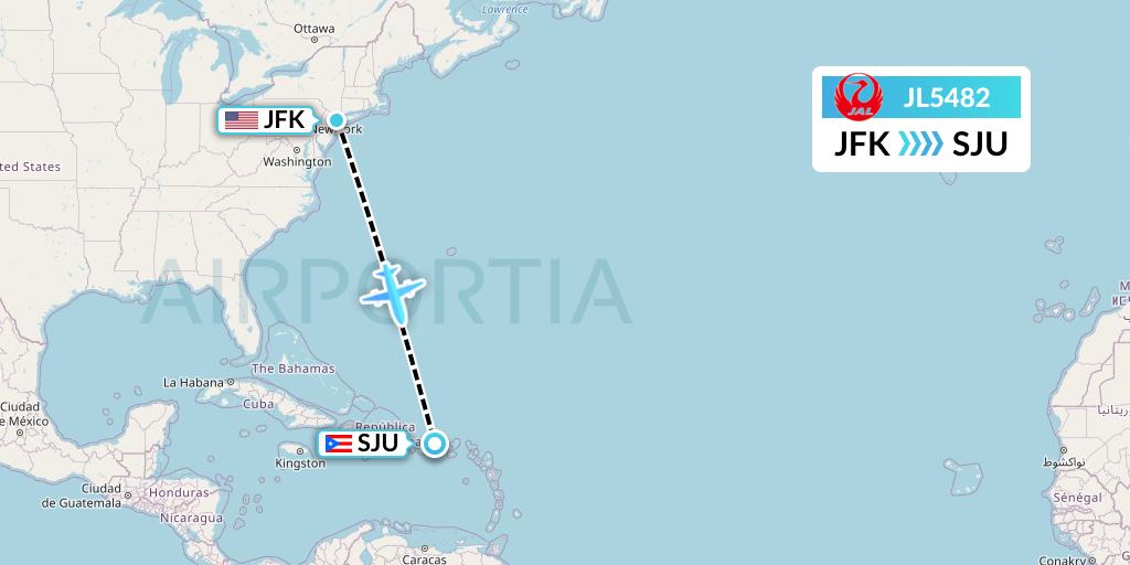 JL5482 Japan Airlines Flight Map: New York to San Juan
