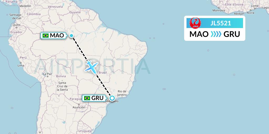 JL5521 Japan Airlines Flight Map: Manaus to Sao Paulo