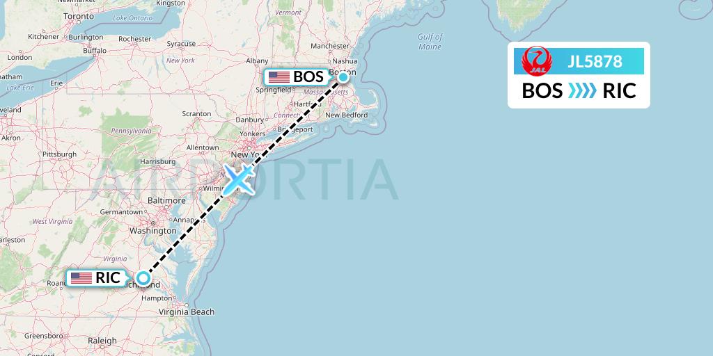 JL5878 Japan Airlines Flight Map: Boston to Richmond