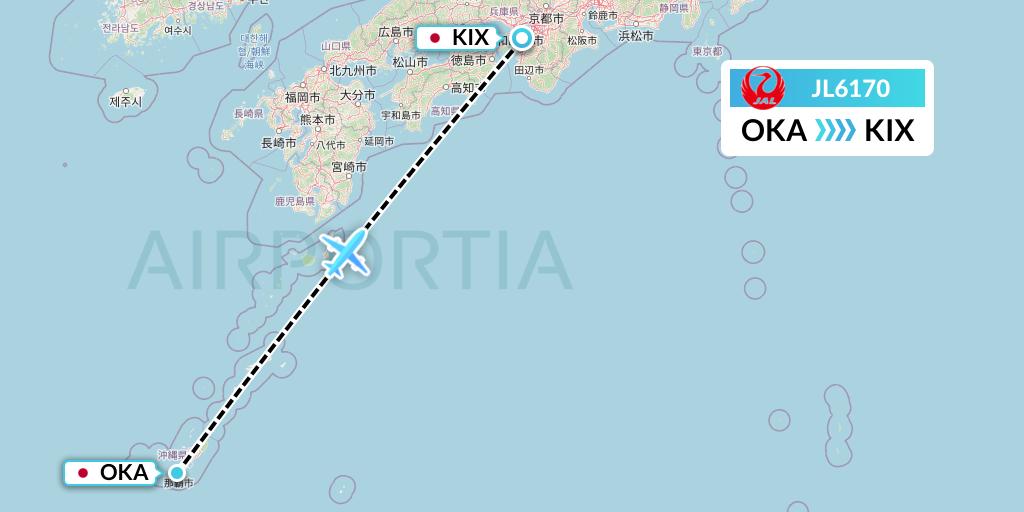 JL6170 Japan Airlines Flight Map: Naha to Osaka