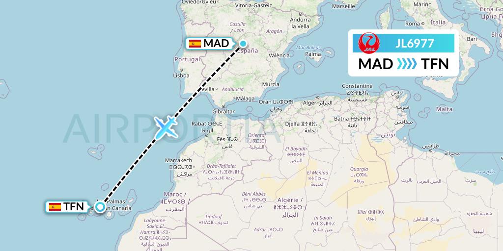 JL6977 Japan Airlines Flight Map: Madrid to Tenerife