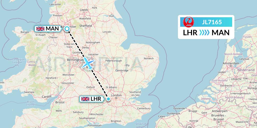 JL7165 Japan Airlines Flight Map: London to Manchester
