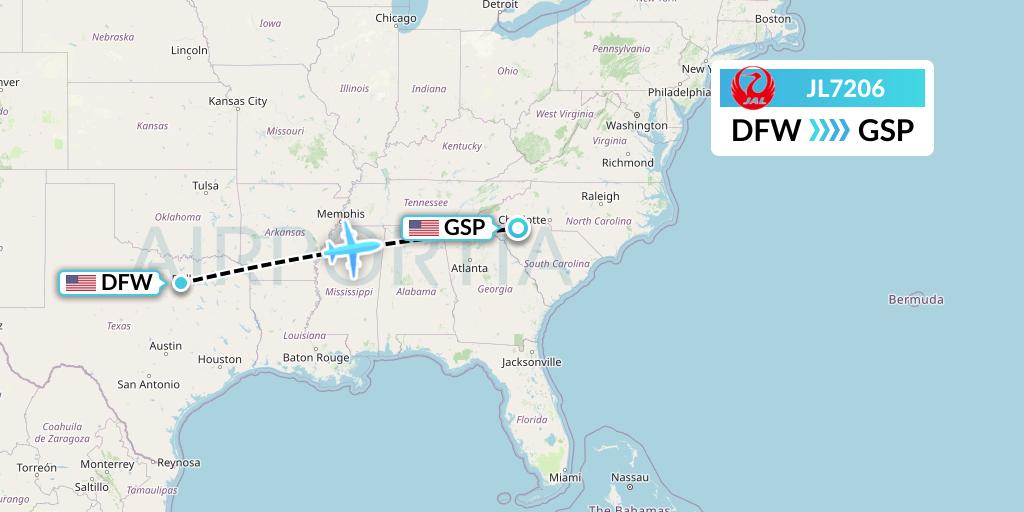 JL7206 Japan Airlines Flight Map: Dallas to Greenville-Spartanburg