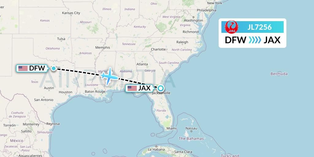 JL7256 Japan Airlines Flight Map: Dallas to Jacksonville