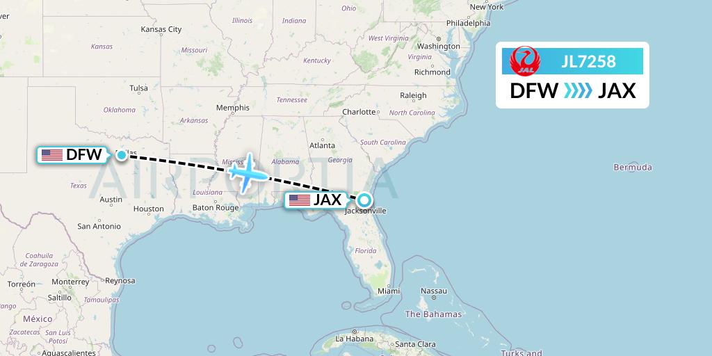 JL7258 Japan Airlines Flight Map: Dallas to Jacksonville