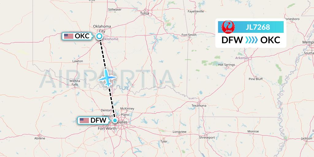JL7268 Japan Airlines Flight Map: Dallas to Oklahoma City