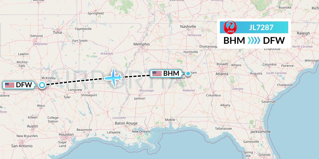 JL7287 Japan Airlines Flight Map: Birmingham to Dallas