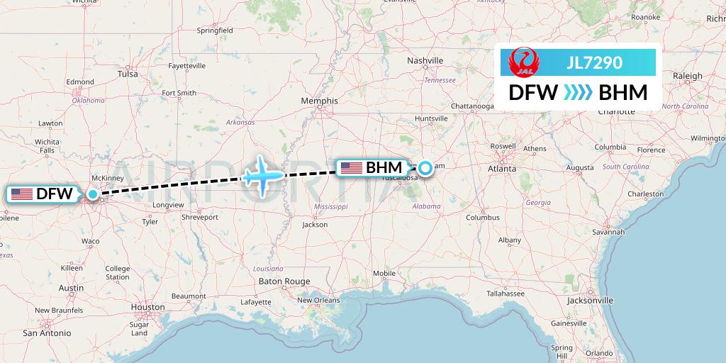 JL7290 Japan Airlines Flight Map: Dallas to Birmingham