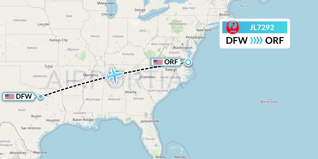 JL7292 Japan Airlines Flight Map: Dallas to Norfolk