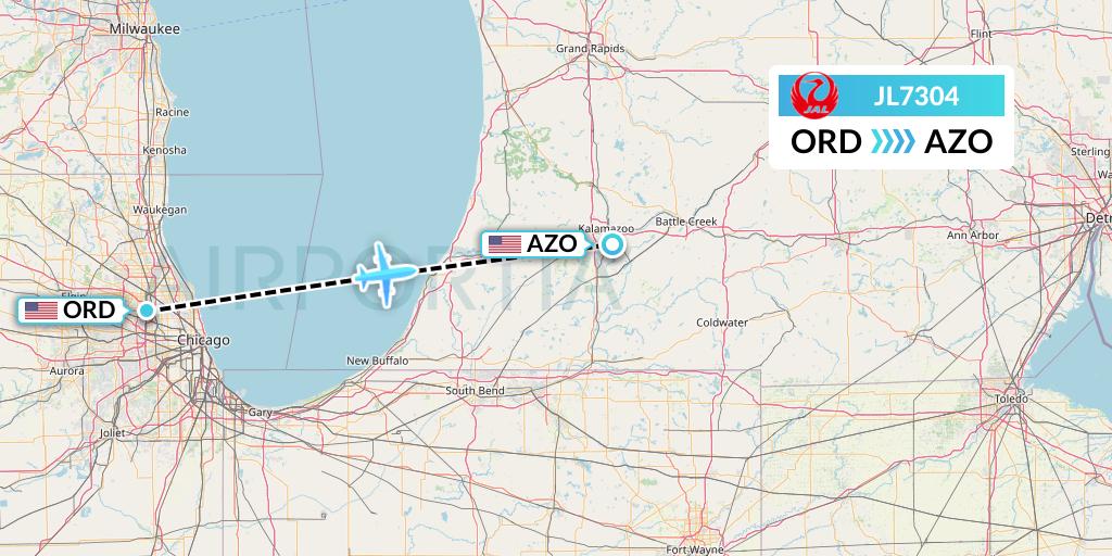 JL7304 Japan Airlines Flight Map: Chicago to Kalamazoo