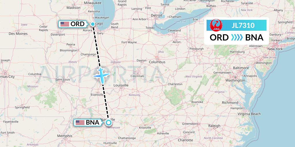 JL7310 Japan Airlines Flight Map: Chicago to Nashville