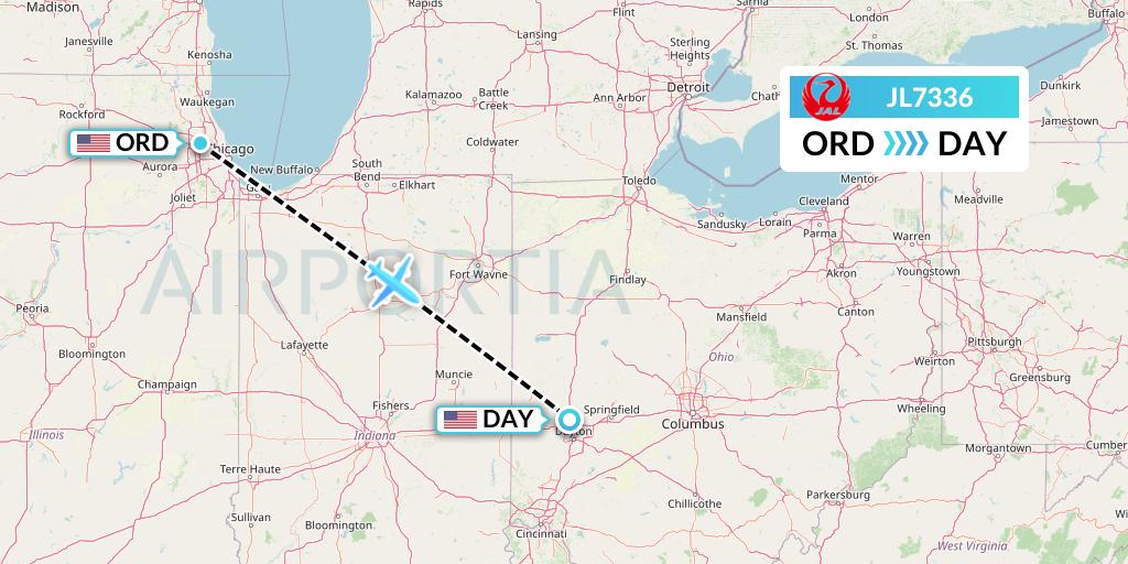 JL7336 Japan Airlines Flight Map: Chicago to Dayton