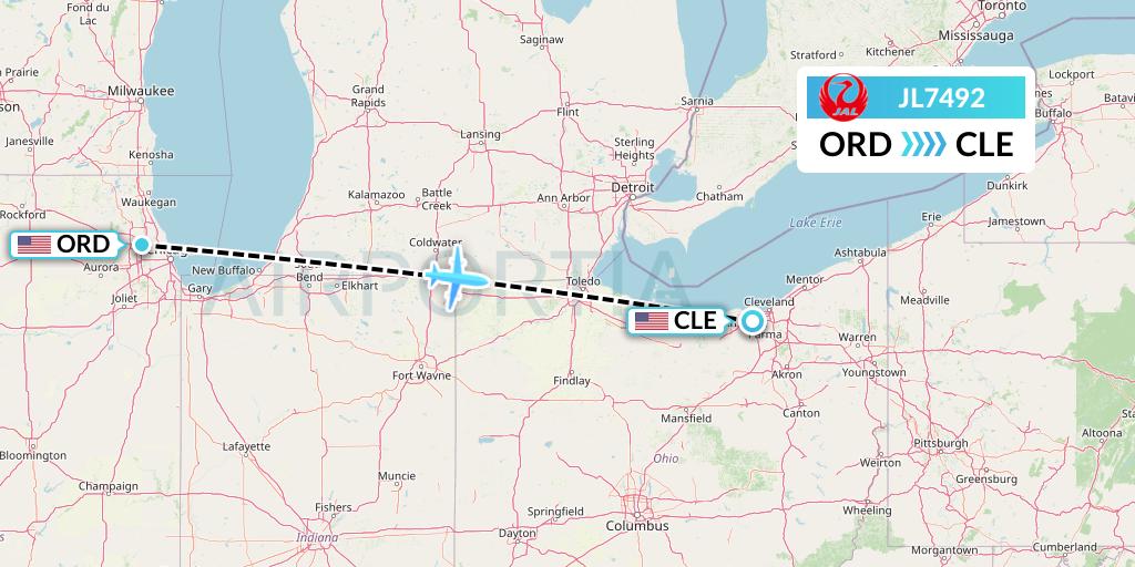 JL7492 Japan Airlines Flight Map: Chicago to Cleveland