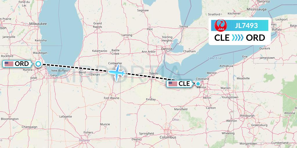 JL7493 Japan Airlines Flight Map: Cleveland to Chicago