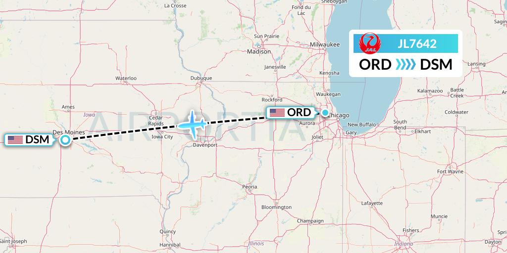 JL7642 Japan Airlines Flight Map: Chicago to Des Moines