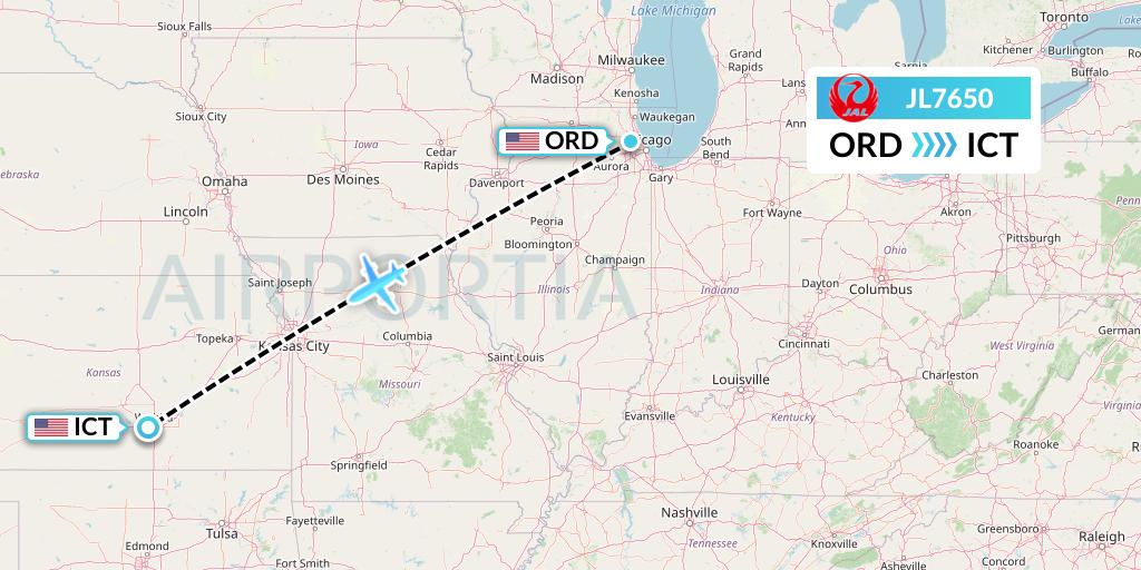 JL7650 Japan Airlines Flight Map: Chicago to Wichita