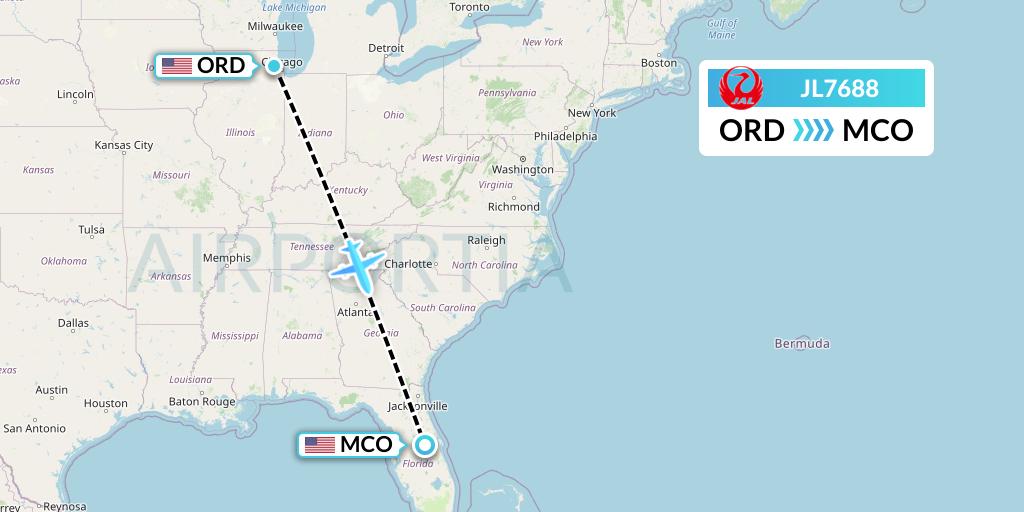 JL7688 Japan Airlines Flight Map: Chicago to Orlando