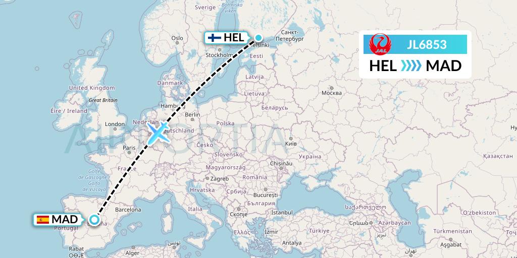 JL6853 Japan Airlines Flight Map: Helsinki to Madrid