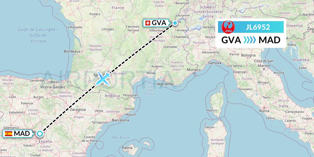 JL6952 Japan Airlines Flight Map: Geneva to Madrid