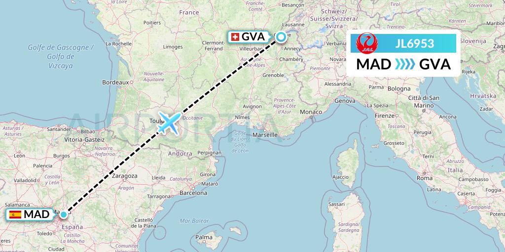 JL6953 Japan Airlines Flight Map: Madrid to Geneva