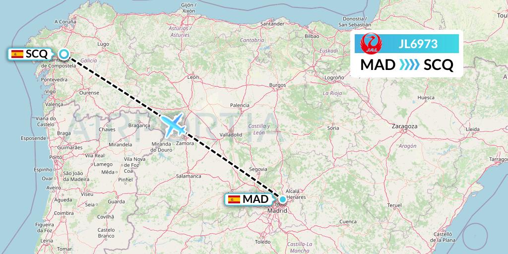 JL6973 Japan Airlines Flight Map: Madrid to Santiago