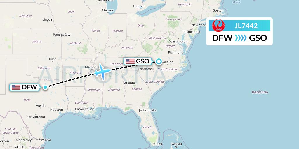JL7442 Japan Airlines Flight Map: Dallas to Greensboro