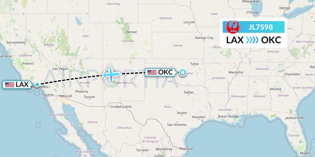 JL7598 Japan Airlines Flight Map: Los Angeles to Oklahoma City