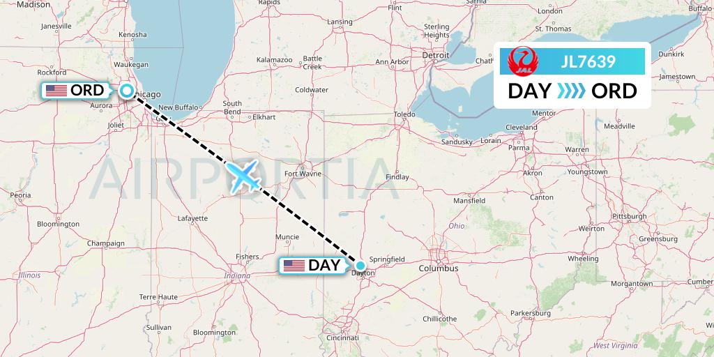 JL7639 Japan Airlines Flight Map: Dayton to Chicago