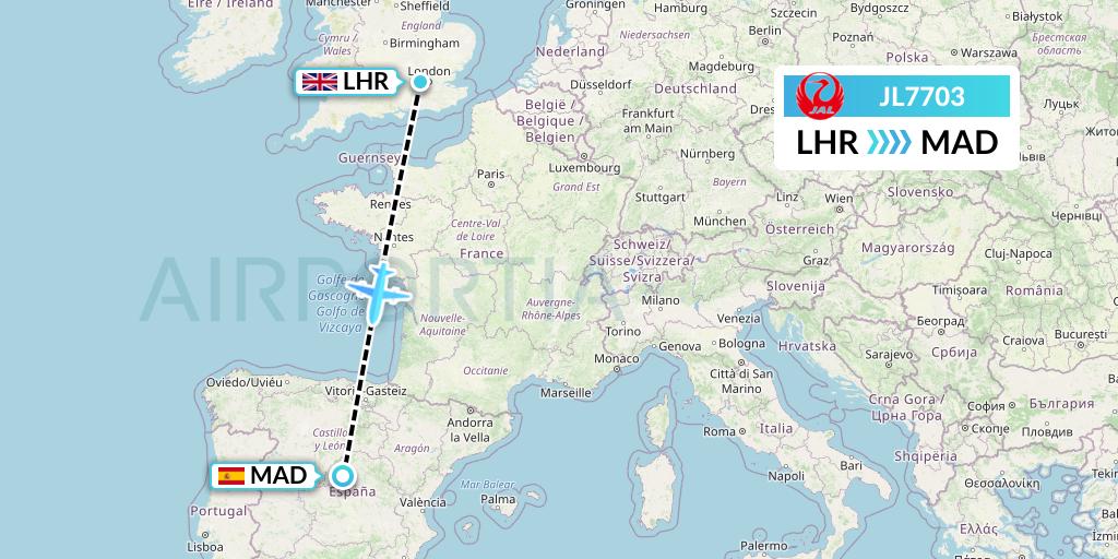 JL7703 Japan Airlines Flight Map: London to Madrid