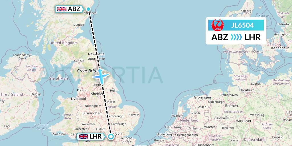 JL6504 Japan Airlines Flight Map: Aberdeen to London