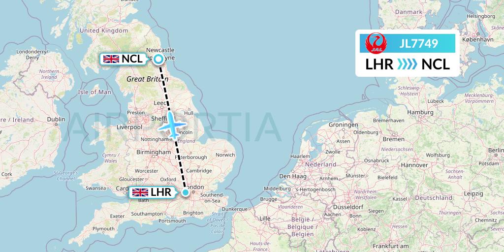 JL7749 Japan Airlines Flight Map: London to Newcastle