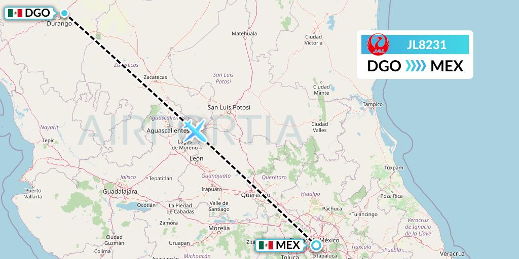 JL8231 Japan Airlines Flight Map: Durango to Mexico City