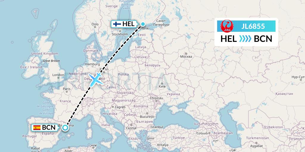 JL6855 Japan Airlines Flight Map: Helsinki to Barcelona