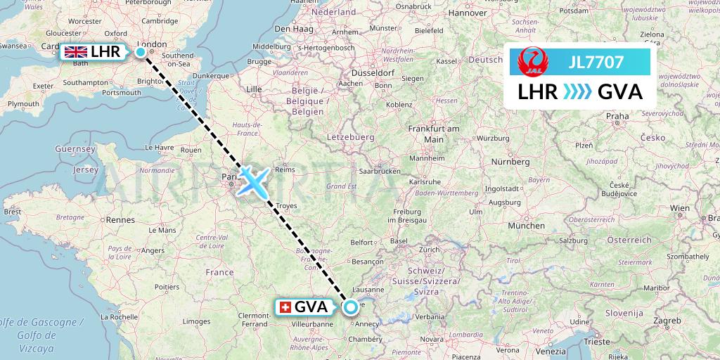 JL7707 Japan Airlines Flight Map: London to Geneva