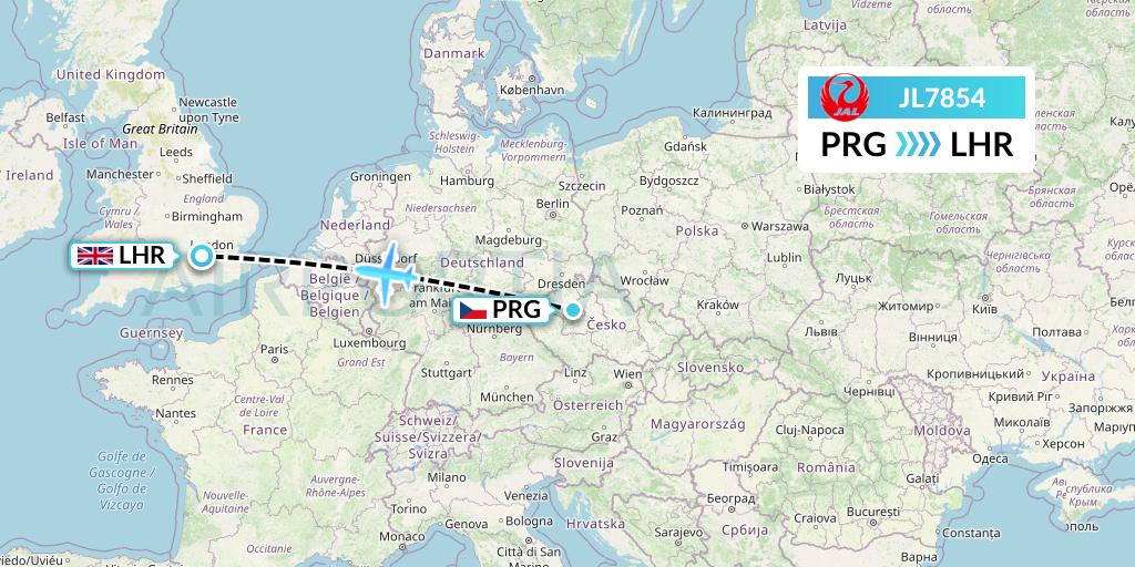 JL7854 Japan Airlines Flight Map: Prague to London