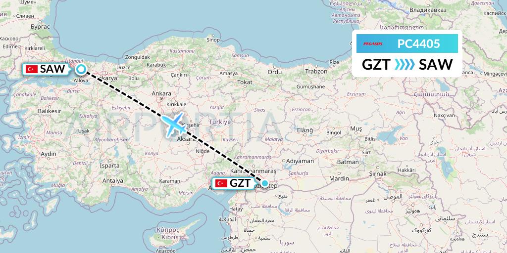 PC4405 Pegasus Airlines Flight Map: Gaziantep to Istanbul