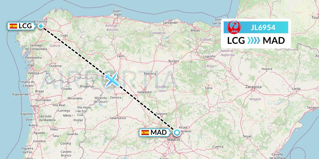JL6954 Japan Airlines Flight Map: A Coruna to Madrid