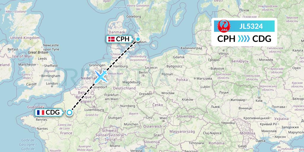 JL5324 Japan Airlines Flight Map: Copenhagen to Paris