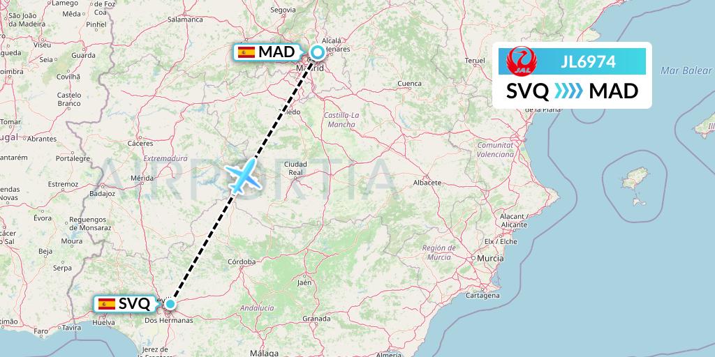 JL6974 Japan Airlines Flight Map: Seville to Madrid