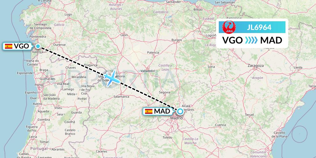JL6964 Japan Airlines Flight Map: Vigo to Madrid