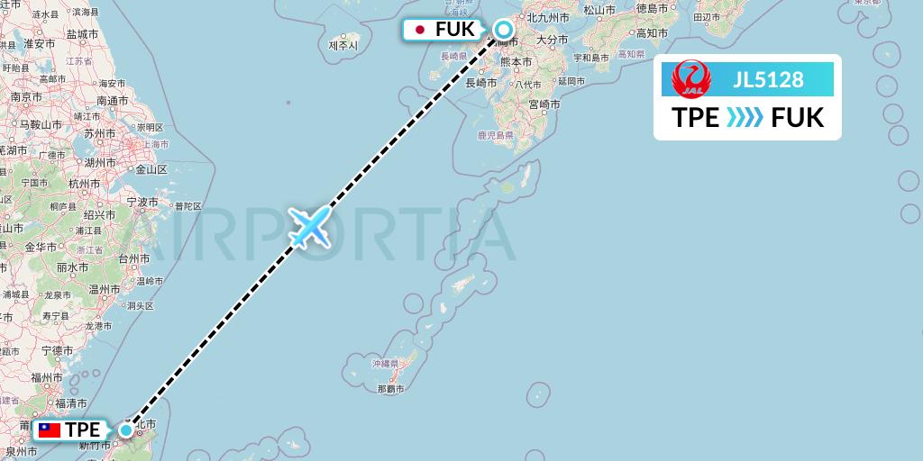 JL5128 Japan Airlines Flight Map: Taipei to Fukuoka