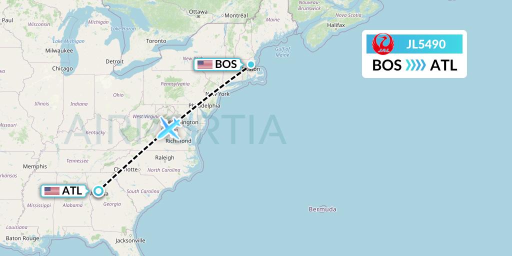JL5490 Japan Airlines Flight Map: Boston to Atlanta