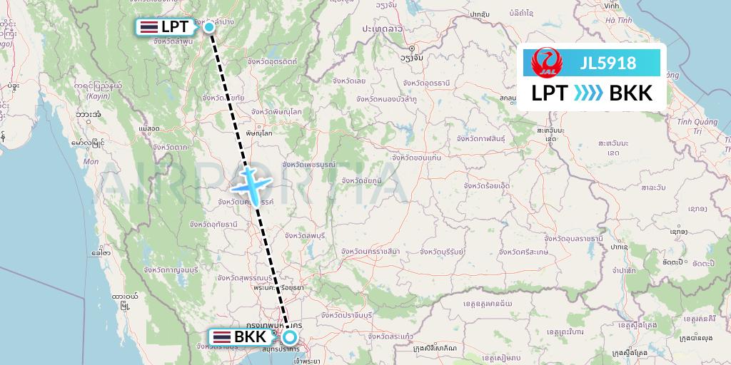 JL5918 Japan Airlines Flight Map: Lampang to Bangkok