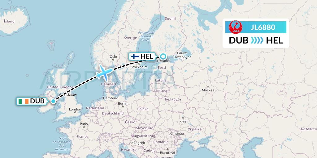 JL6880 Japan Airlines Flight Map: Dublin to Helsinki