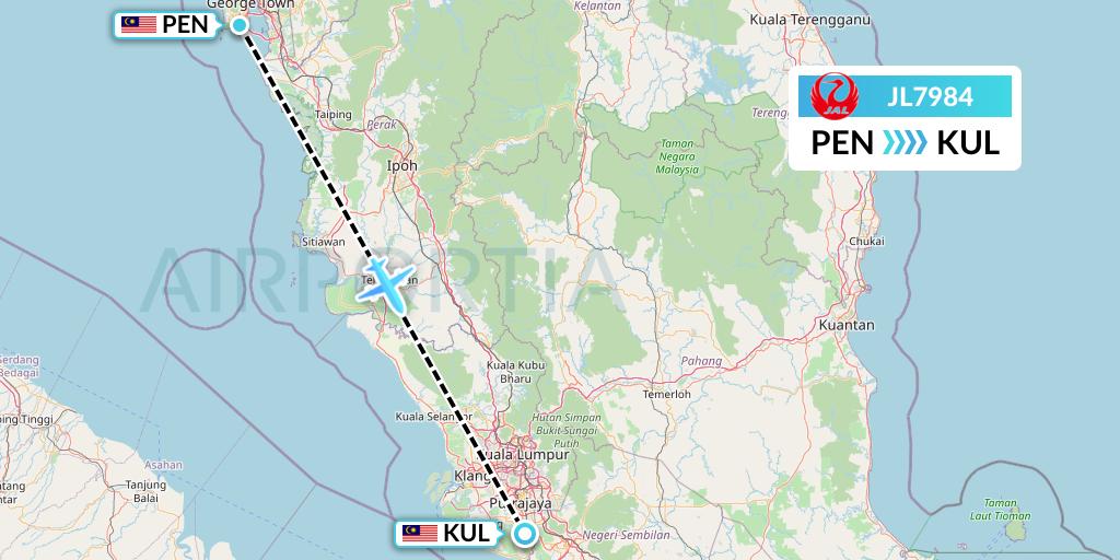 JL7984 Japan Airlines Flight Map: Penang to Kuala Lumpur