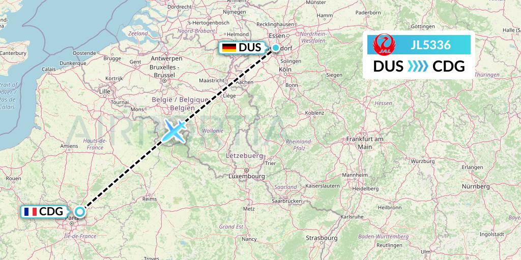 JL5336 Japan Airlines Flight Map: Dusseldorf to Paris