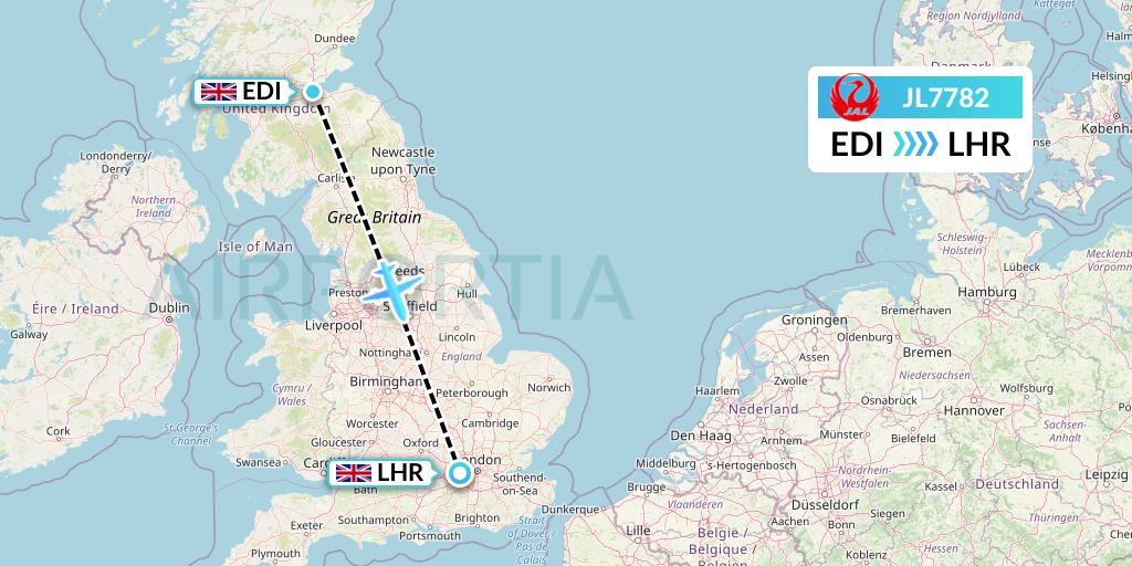 JL7782 Japan Airlines Flight Map: Edinburgh to London