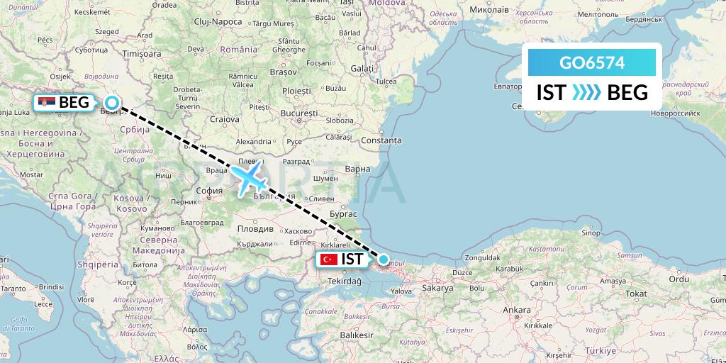 GO6574 ULS Airlines Cargo Flight Map: Istanbul to Belgrade